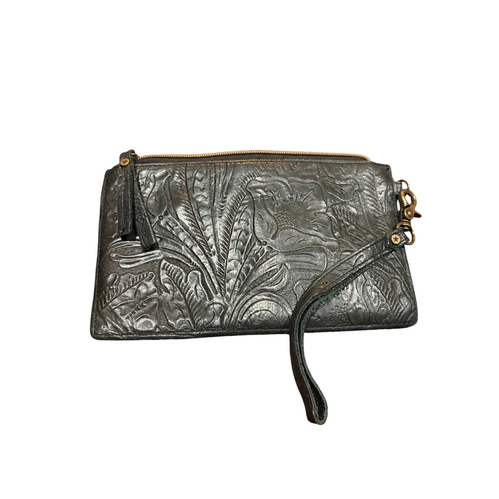 American Leather Co Black Tooled Floral Leather Wristlet Clutch Wallet Bag